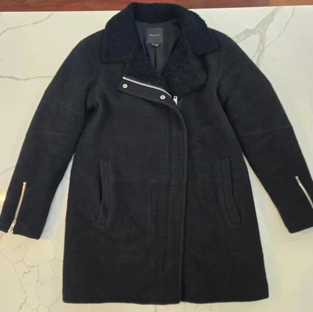 Theory Datyah Wool Shearling Lamb Coat Black Size Medium